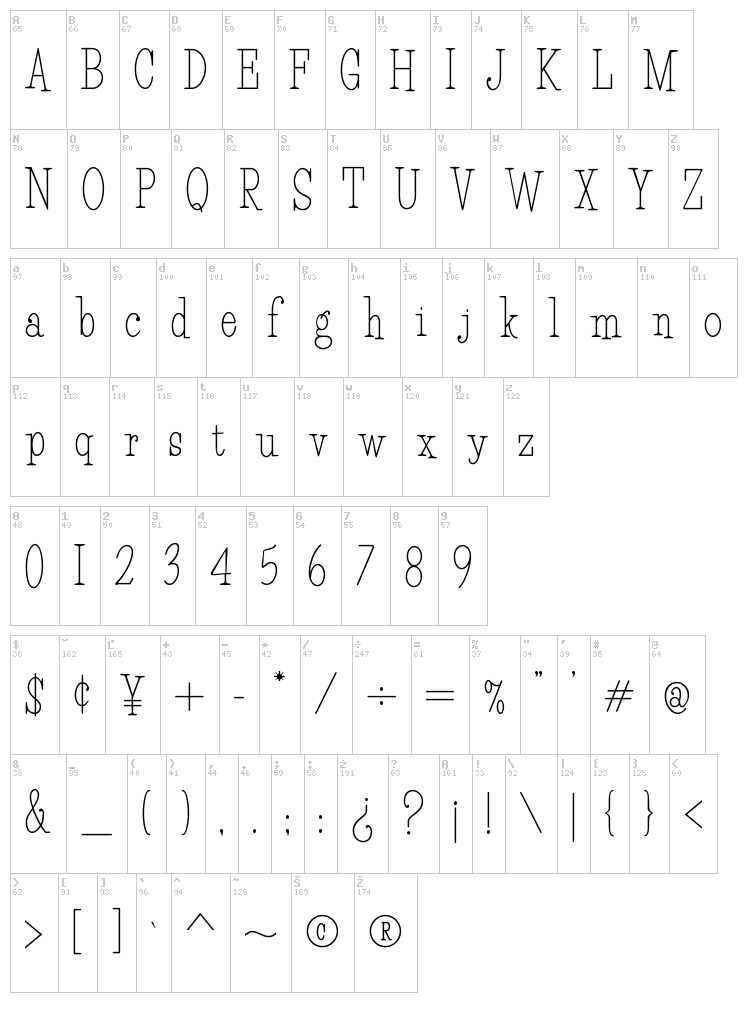 HFF Light Petals font map